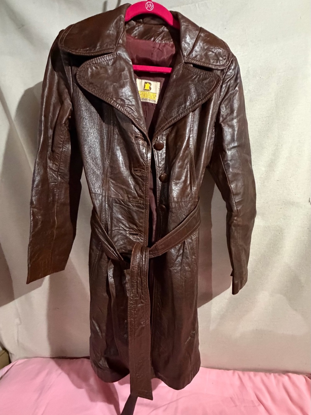 Vintage Classic Women's Brown Leather Trench Coat with Belt